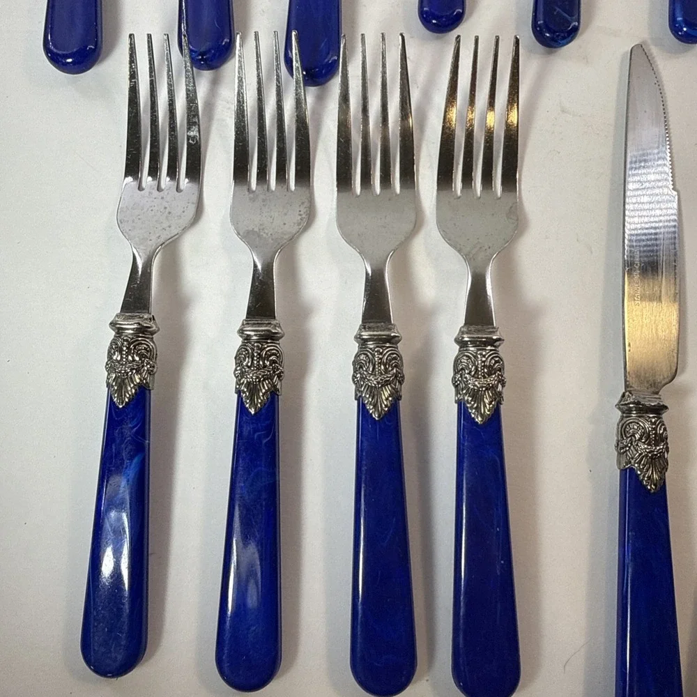 Vtg Blue Marbled Swirl Acrylic Handle Silverware Stainless Flatware Forks Spoons